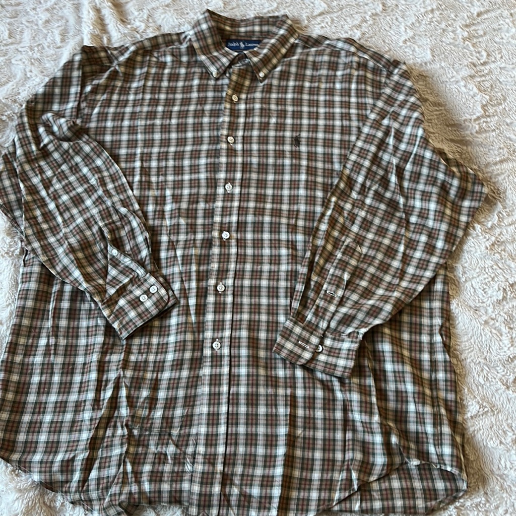 Ralph Lauren Yarmouth Lightweight Plaid Beige/Green Dress Shirt Size 161/2 32/33